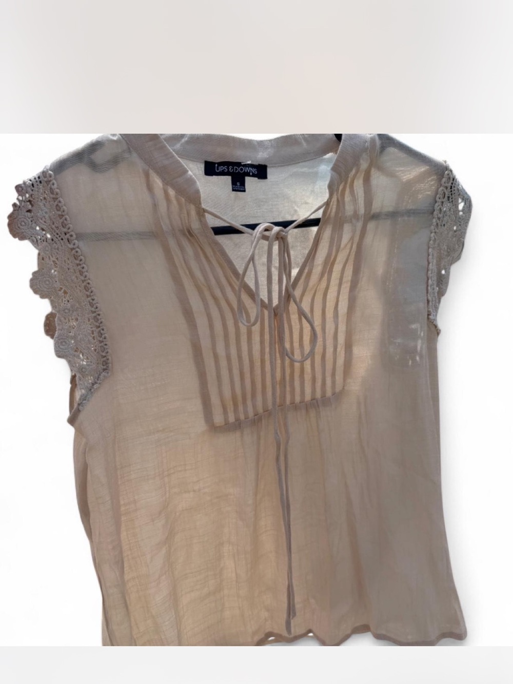 Beige Crochet Cap-Sleeve Peasant Top
